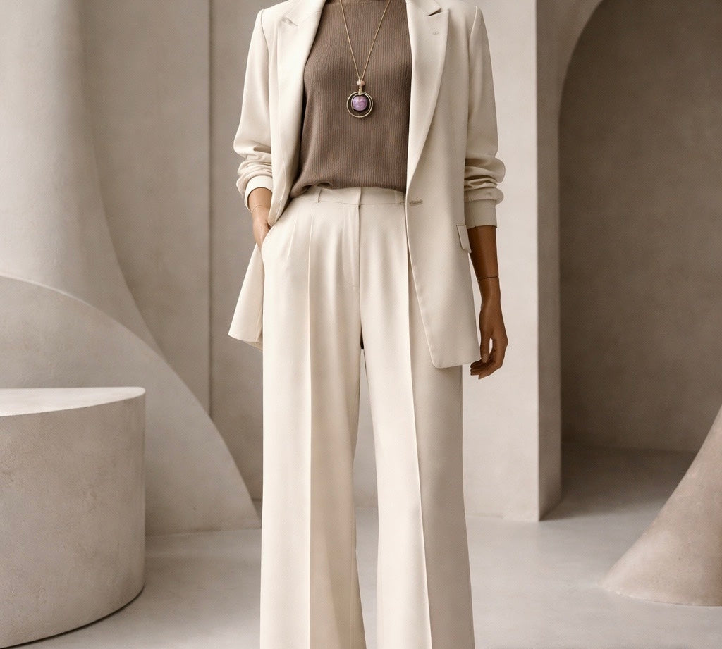 Tailored Wide-Leg Suit Set in Ivory White