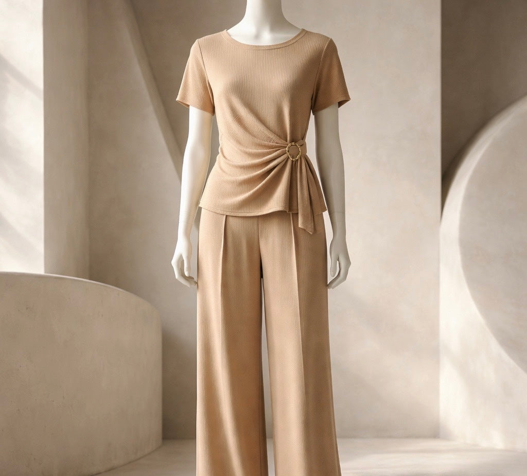Ribbed Two-Piece Co-ord Set in Warm Sand