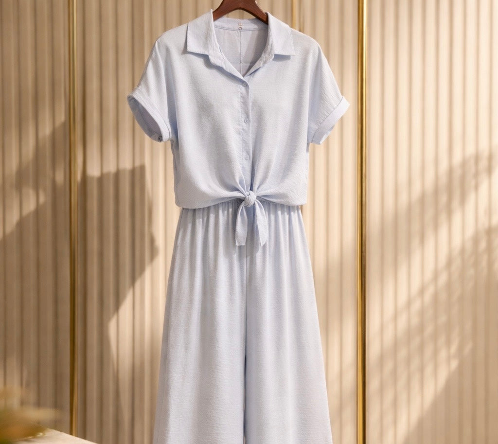 Linen-Blend Two-Piece Co-ord Set in Sky Blue