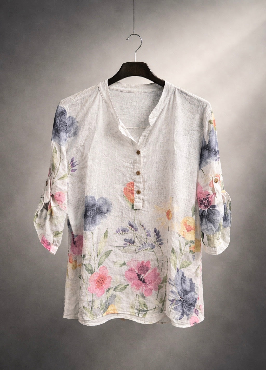 Linen Floral Print Tunic Top in White