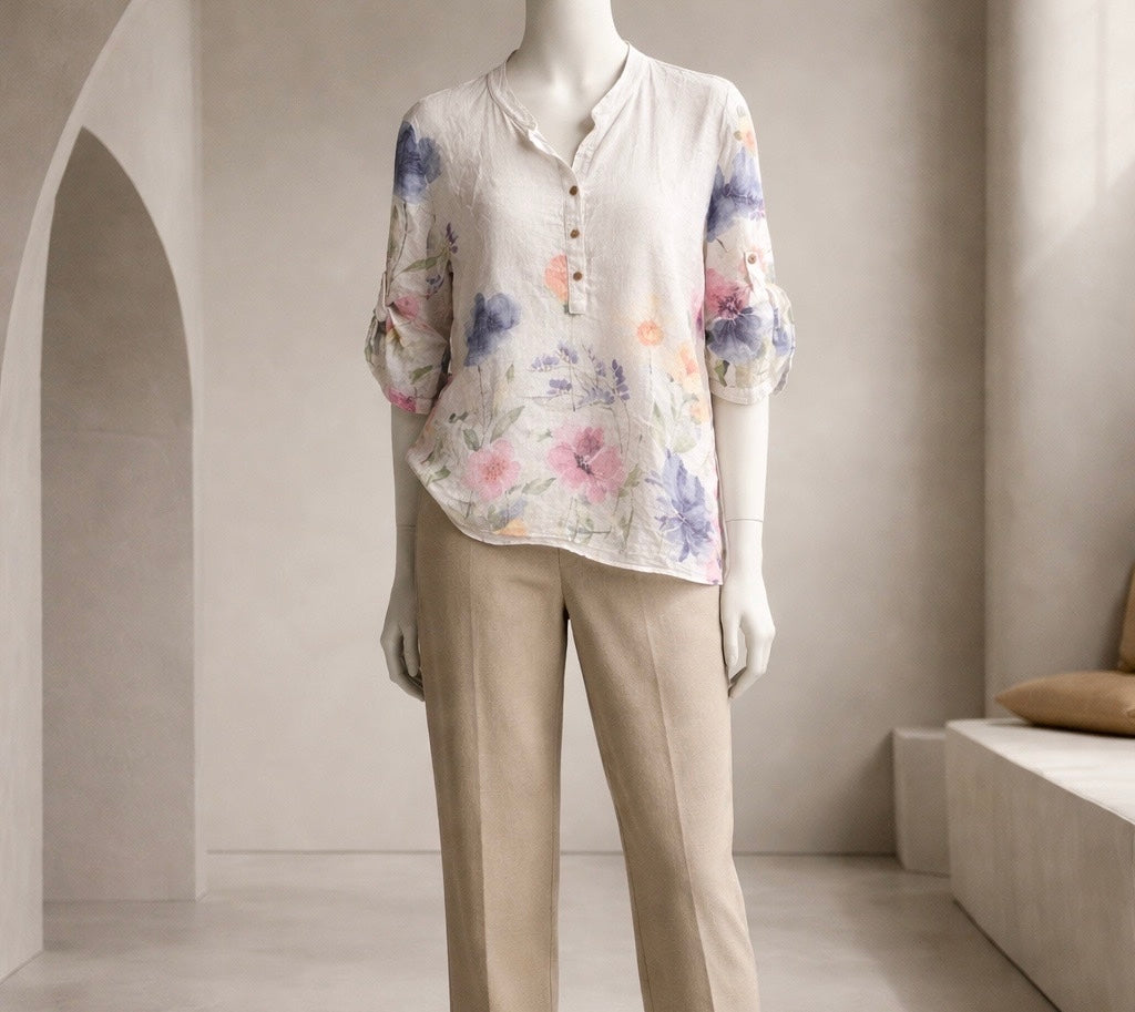 Linen Floral Print Tunic Top in White